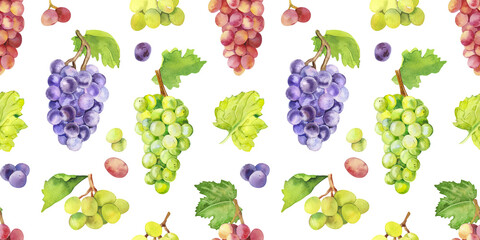 Watercolor hand painted wine grapes fruit and leaves illustration. Watercolor hand drawn seamless pattern for  aromatherapy, essential oils, winery backgrounds, wallpapers, textures