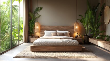 Spacious modern boho bedroom with soft ambient lighting, indoor greenery, and wooden details, 3D rendering, 8K