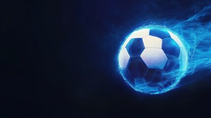 Naklejka premium A glowing soccer ball is depicted in motion, creating a dynamic and energetic visual effect against a dark background.