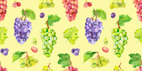 Watercolor hand painted wine grapes fruit and leaves illustration. Watercolor hand drawn seamless pattern for  aromatherapy, essential oils, winery backgrounds, wallpapers, textures