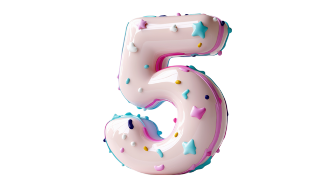A pink number 5 with colorful sprinkles, looking like a donut, perfect for birthday parties and festive celebrations. This image works well for milestone events and sweet treat themes.