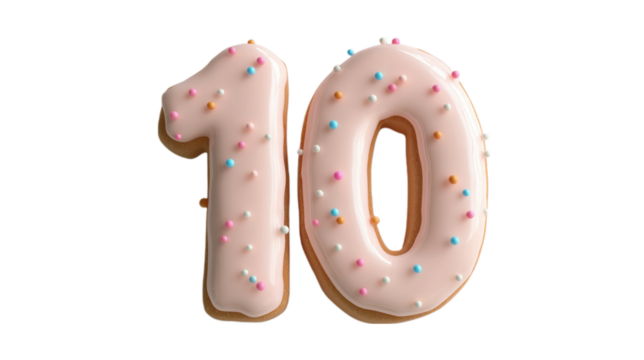 A pink number 10, decorated with colorful sprinkles, ideal for birthday celebrations, milestone moments, and festive events. This image is perfect for party themes and sweet treats.