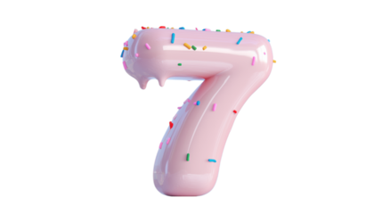 A pink number 7 topped with colorful sprinkles, perfect for birthday parties and special celebrations. This image is great for milestone events and fun birthday themes.