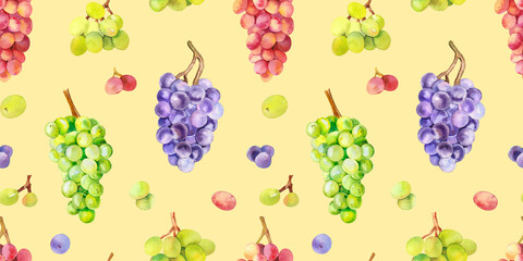 Watercolor hand painted wine grapes fruit and leaves illustration. Watercolor hand drawn seamless pattern for  aromatherapy, essential oils, winery backgrounds, wallpapers, textures