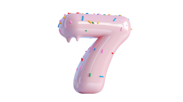 A pink number 7 topped with colorful sprinkles, perfect for birthday parties and special celebrations. This image is great for milestone events and fun birthday themes.