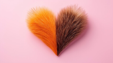 Two fluffy animal tails, one orange and one brown, arranged to form a heart shape on a pink background.