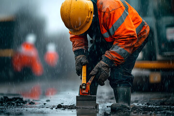 Construction Worker Using a Jackhammer on a Rainy Day