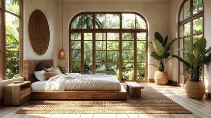 Bright and airy Bali bedroom with large windows, natural materials, and cozy boho design, 3D rendering, 8K