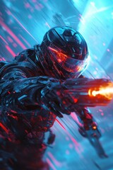 A futuristic warrior dodging bullets frozen in time, ultra-detailed sci-fi action shot