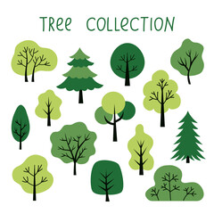 Vector trees set, isolated on a white background. Simple and flat design. Elements for a poster, banner, or card. Forest landscape. Trees icons 