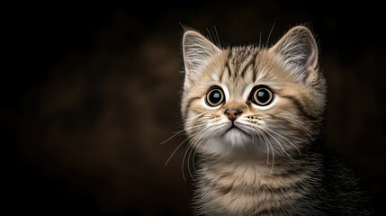 Obraz premium Cute kitten with large expressive eyes gazes curiously against a dark background in a cozy indoor setting