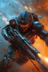 A futuristic warrior dodging bullets frozen in time, ultra-detailed sci-fi action shot