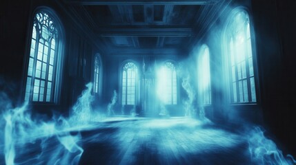 A ghostly castle shrouded in mist, eerie blue flames flickering in the windows, lost souls wandering the halls