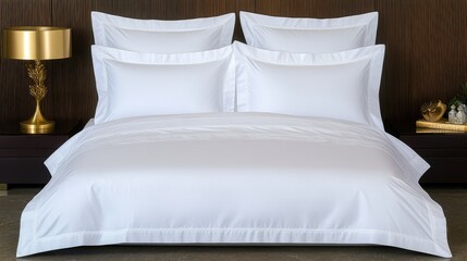 Elegant white bedding set displayed on a modern bed, showcasing luxury and comfort in a contemporary bedroom setting