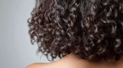 A close-up of a woman&rsquo;s curly hair, showing the natural texture, with a soft background.