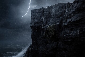 Dark, stormy seas crash against a cliff face during a lightning storm.
