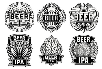 Obraz premium Vibrant logo collection showcasing beer mugs, wheat, hops, toasting moments highlighting craft brewery, bar branding with ipa inspired graphic design elements