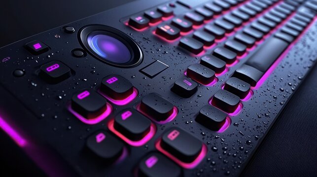 Modern gaming keyboard, water droplets, backlit keys, dark background