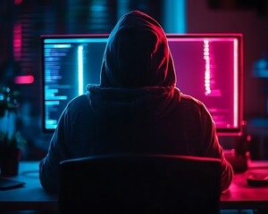 Hooded Hacker Codes in Night Room