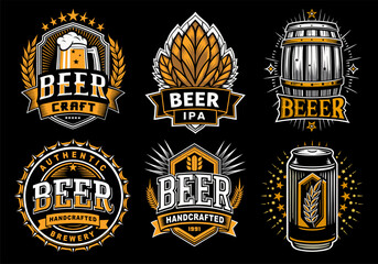 Set of vintage beer logos with beer cap, mugs, barrels, brewery emblems and other beer related elements for beer industry and brewery branding and handcrafted brews