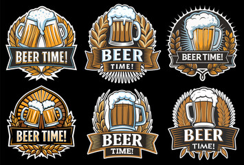Vintage craft beer logo set featuring frothy mugs, golden hop cones, and wheat stalks for beer industry and brewery branding and handcrafted brews. Beer emblem for bar