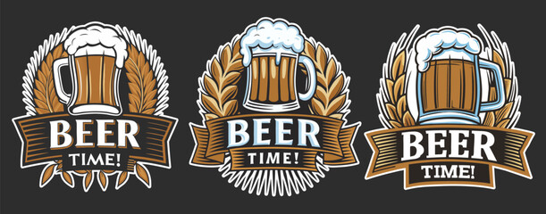 Craft beer logo set with frothy mugs, golden wheat, decorative ribbons, representing brewing artistry for beer industry and brewery branding and handcrafted brews. Beer emblem for bar