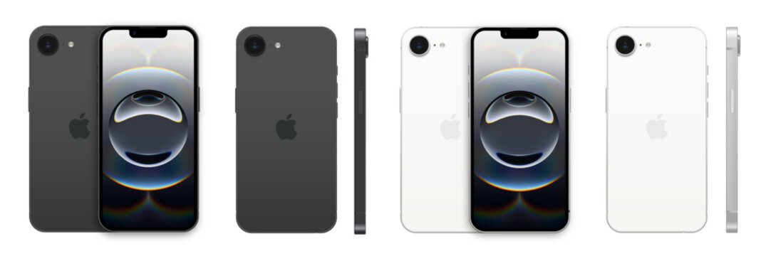 iPhone 16e set mockup. Back and front side of the phone. Black, white Mock-up screen iphone. High Quality. Official presentation. Realistic vector illustration