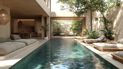 Serene poolside space with soft linen cushions, wooden sunbeds, and a calm boho ambiance, 3D rendering, 8K