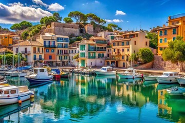 Obraz premium Mallorca Porto Cristo: Colorful Houses & Boats, High-Resolution Stock Photo