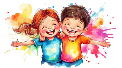 Fototapeta premium Indian Kids Playing Holi – Cute Cartoon Illustration