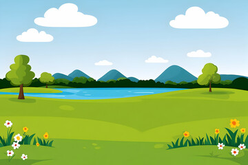 Naklejka premium Idyllic landscape illustration featuring a serene lake, lush green fields, vibrant flowers, and majestic mountains under a clear blue sky. Perfect for children's books, websites, or presentations.