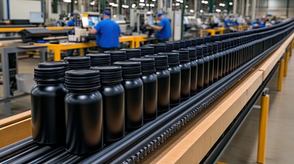 Naklejka premium Bottling process takes place in a modern manufacturing facility with workers assembling products on an efficient production line