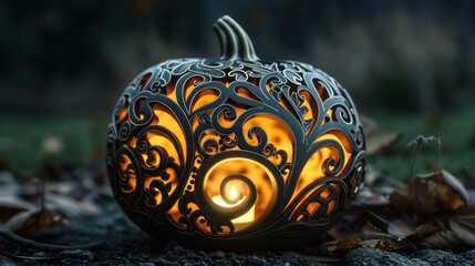 an intricately carved Halloween pumpkin 