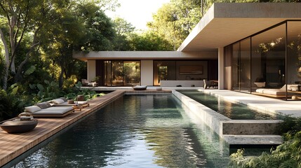 Fototapeta premium Serene bohemian villa with neutral textiles, wooden paneling, and a stunning infinity pool, 3D rendering, 8K