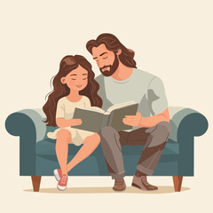 Father and daughter reading a book sitting on a sofa. Vector illustration in pastel colors.