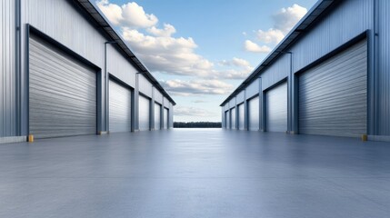 A spacious industrial storage facility equipped with several roll-up doors stands under the bright midday sun against a clear blue sky