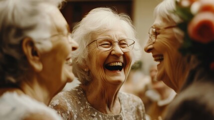 A group of elderly friends laughing during a memory-therapy session, nostalgic emotions