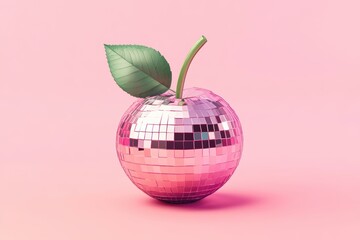 Disco ball apple decoration on pink background, vibrant fruit themed party design, playful home decor, modern aesthetic, fun event styling concept.