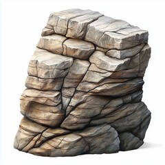 Realistic illustration of a large rugged rock formation with earthy brown and gray tones, detailed cracks, and rough edges on a clean white background.