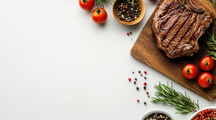 Grilled steak with fresh herbs and vegetables arranged beautifully on a wooden board ready for a delicious meal