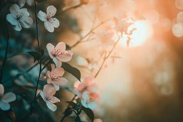 Flower Background Delicate Cherry Blossoms with Soft Golden Sunset Bokeh and Dreamy Atmosphere