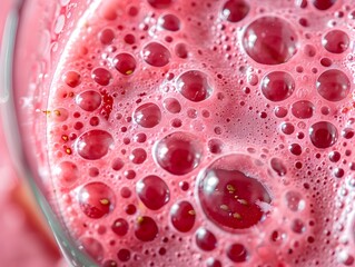 Frothy Strawberry Whey Protein Smoothie Close-Up with Visible Bubbles and Fruit Particles