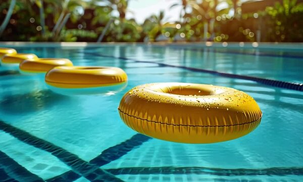 a pool filled with yellow rubber toys