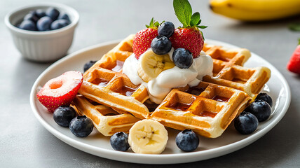 food, dessert, fruit, sweet, breakfast, cake, strawberry, berry, cream, waffle, fresh, raspberry, pastry, blueberry, red, delicious, plate, snack, white, belgian, closeup, meal, pancake, gourmet, waff