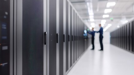 Cybersecurity data protection through collaboration. Data center with server racks and two technicians discussing operations.