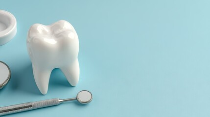 Ceramic tooth model with dental tools on a light blue background in a dental clinic setting during a routine checkup