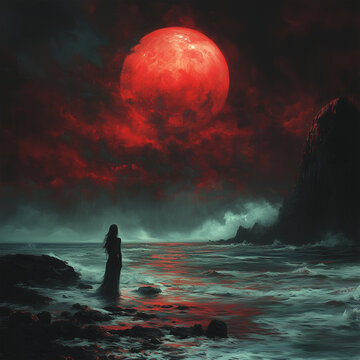 A haunted mermaid cove, where sirens with hollow eyes sing under the blood-red moon generative AI