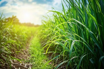 Obraz premium Sunny Sugarcane Field in Full Growth with Green Tones