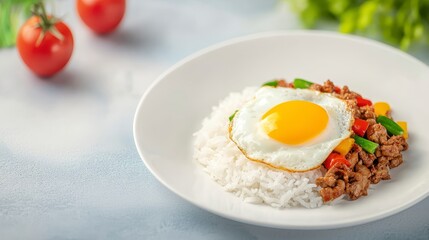 Savory Ground Meat Stir Fry with Fried Egg and Rice