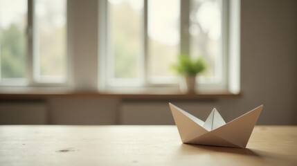 A Simple Paper Boat on a Wooden Table Near a Window with a Blurred Background